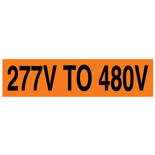 A rectangular voltage marker reading, "277V to 480V" in Black letters on an Orange background.