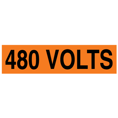 A rectangular voltage marker reading, "480 Volts" in Black letters on an Orange background.