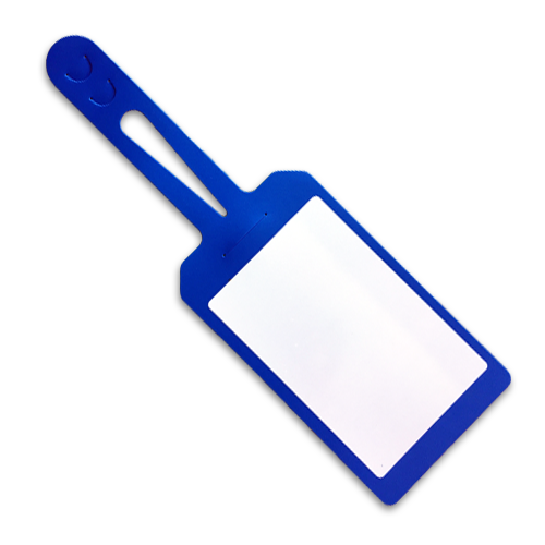 A dry erase, writeable, self-locking Blue plastic tag.