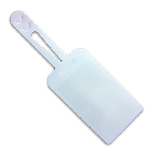 A dry erase, writeable, self-locking White plastic tag.
