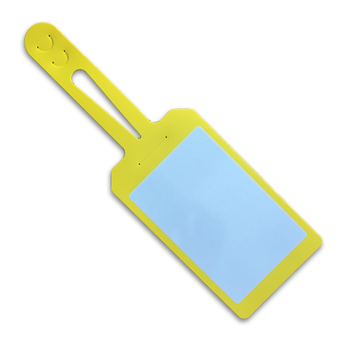 A dry erase, writeable, self-locking Yellow plastic tag.
