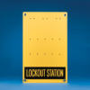 A lockout station board in Yellow with Black text reading, "Lockout Station".