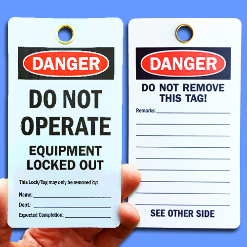 A White, Black and Red, rectangular lockout tag showing front and back sides, reading, "Danger Do Not Operate, Equipment Locked Out."