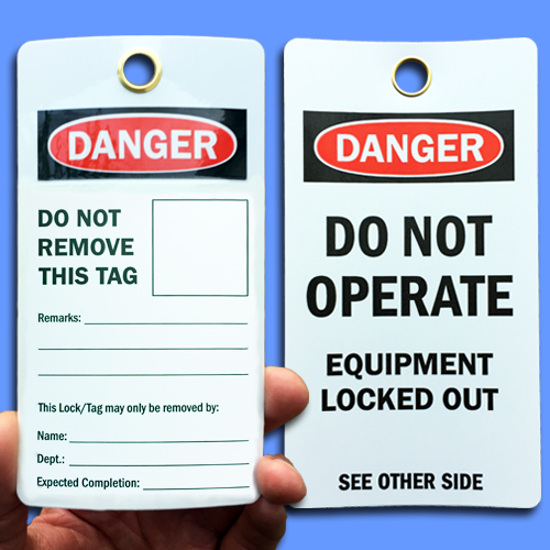 A White, Black and Red, rectangular lockout tag showing front and back sides, reading, "Danger Do Not Operate, Equipment Locked Out."