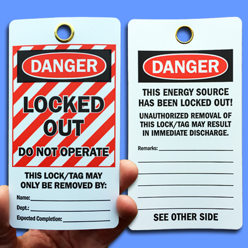 A White, Black and Red, rectangular lockout tag showing front and back sides, reading, "Danger Locked Out Do Not Operate."