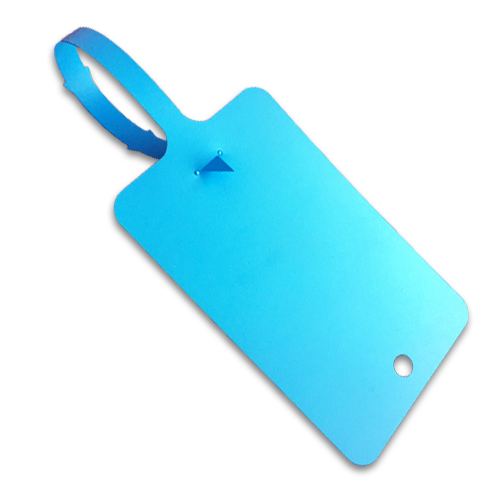 A self locking blue plastic tag with notched locking tail.