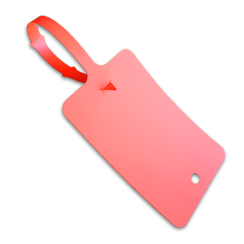 A self locking orange plastic tag with notched locking tail.