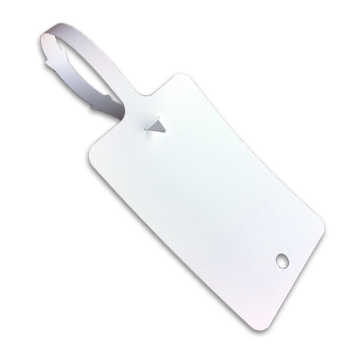 A self locking white plastic tag with notched locking tail.