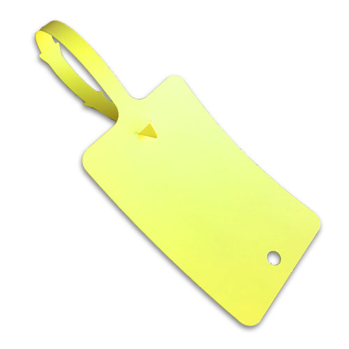 A self locking yellow plastic tag with notched locking tail.