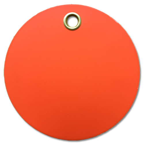 A 3" diameter, Fluorescent Orange, round plastic valve tag.