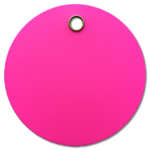A 3" diameter, Fluorescent Pink, round plastic valve tag.