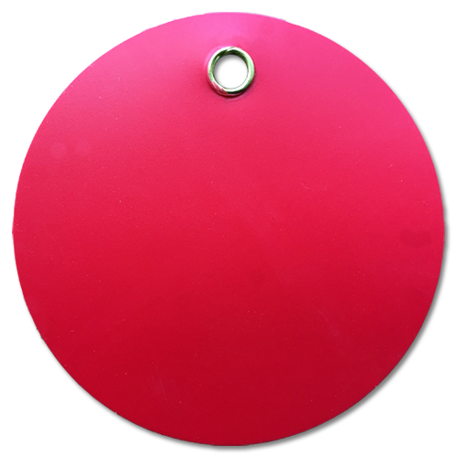 A 3" diameter, Red, round plastic valve tag.