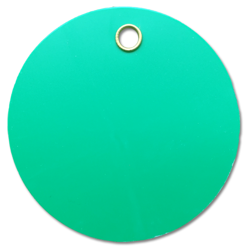 A 3" diameter, Green, round plastic valve tag.