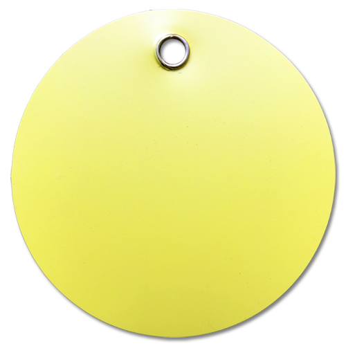A 3" diameter, Yellow, round plastic valve tag.