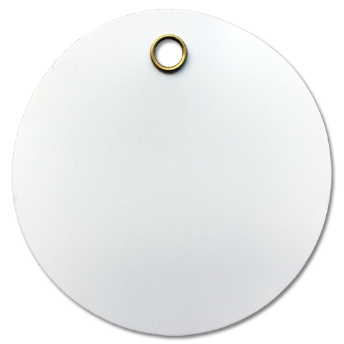 A 3" diameter, White, round plastic valve tag.