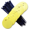 Yellow round plastic valve tags with nylon ties.