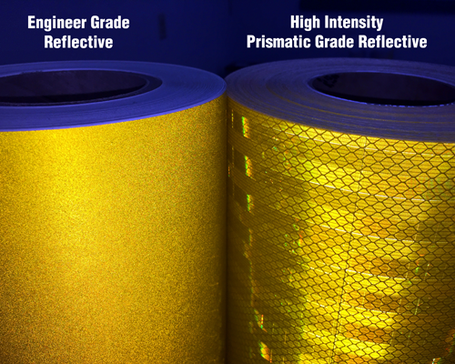 Rolls of reflective material to show what the difference is between Engineer Grade reflective and High Intensity Prismatic Grade.