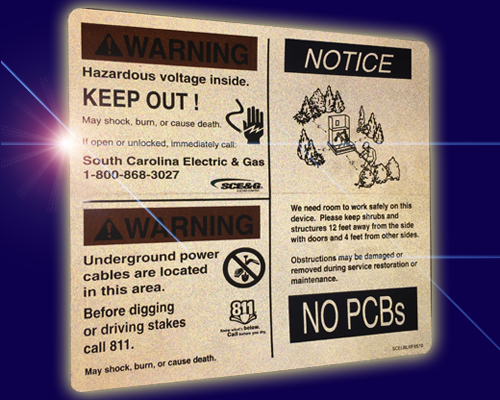 Reflective transformer labels and safety warning signs are made of reflective, engineer grade material, defines required shrubbery clearances. for technicians in the field in low light situations.