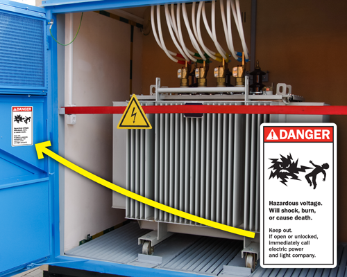 A danger high voltage warning label is applied to electrical transformers inside the door panel.
