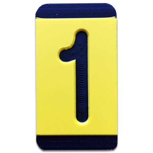 An engraved plastic pole tag in black on yellow with the number, "1".