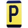 An engraved plastic pole tag in black on yellow with the letter, "P".
