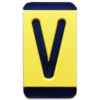 An engraved plastic pole tag in black on yellow with the letter, "V".