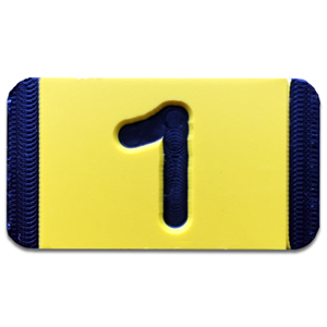An engraved plastic utility pole tag with the number 1 for vertical applications.