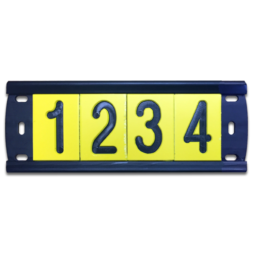 A black plastic utility pole tag holder with 4 pole number tags for horizontal applications.