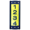 A black plastic utility pole tag holder with 4 pole number tags for vertical applications.