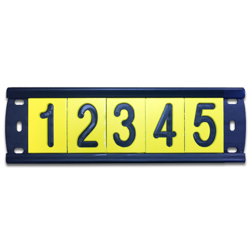A black plastic utility pole tag holder with 5 pole number tags for horizontal applications.