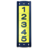 A black plastic utility pole tag holder with 5 pole number tags for vertical applications.