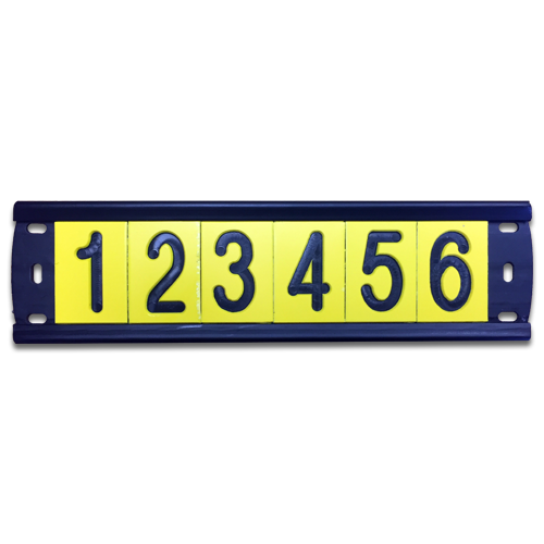 A black plastic utility pole tag holder with 6 pole number tags for horizontal applications.