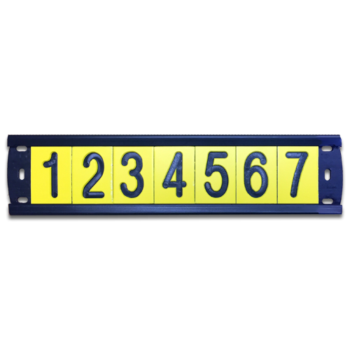 A black plastic utility pole tag holder with 7 pole number tags for horizontal applications.
