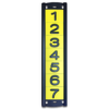 A black plastic utility pole tag holder with 7 pole number tags for vertical applications.