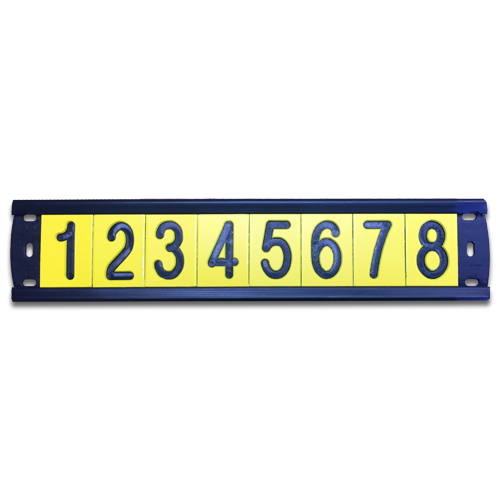 A black plastic utility pole tag holder with 8 pole number tags for horizontal applications.