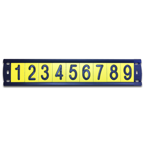 A black plastic utility pole tag holder with 9 pole number tags for horizontal applications.