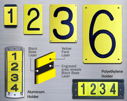 Engraved polyethylene pole tags with black characters on a yellow background.